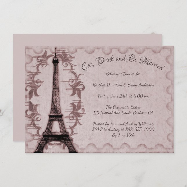 Pink Eiffel Tower Rehearsal Dinner Invitation (Front/Back)
