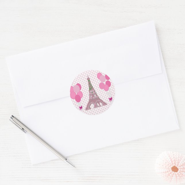 Pink Eiffel Tower Roses Rose Balloons Classic Round Sticker (Envelope)