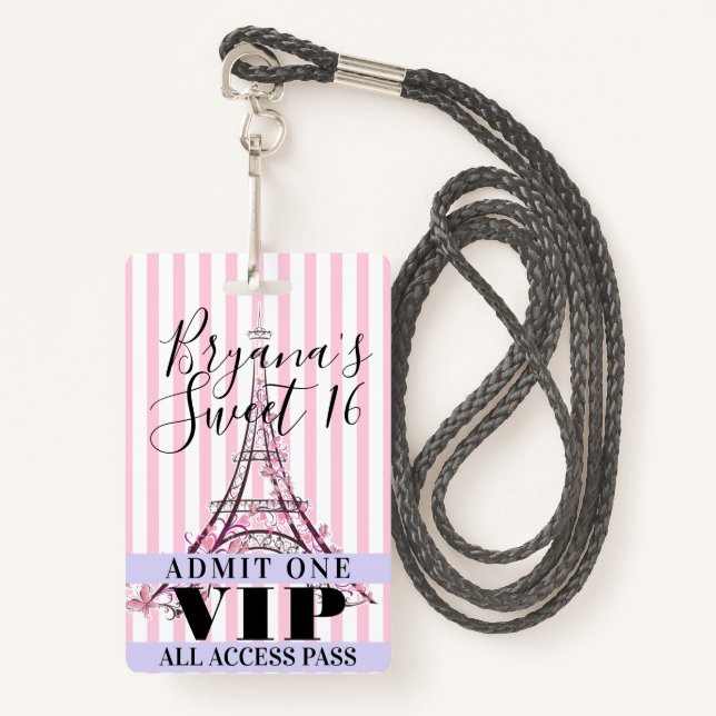 Pink Eiffel Tower Sweet 16 Party VIP Pass Badge ID Badge (Front with Lanyard)