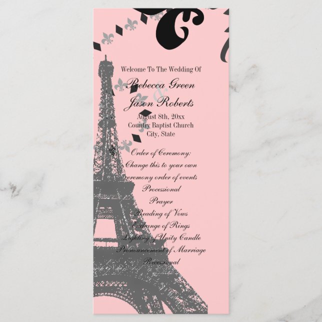 pink eiffel tower vintage paris wedding programs programme (Front)
