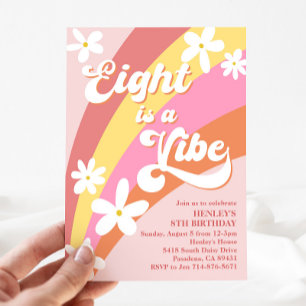 Pink Eight Is a Vibe Retro Daisy Rainbow Birthday Invitation