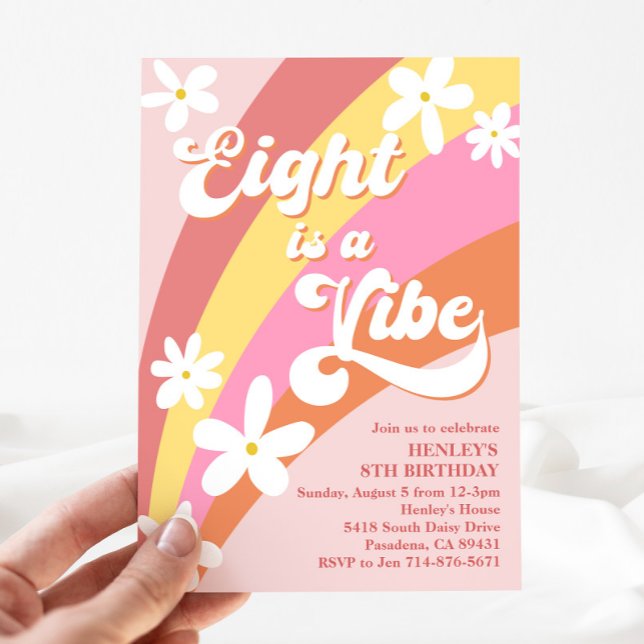 Pink Eight Is a Vibe Retro Daisy Rainbow Birthday Invitation (Creator Uploaded)