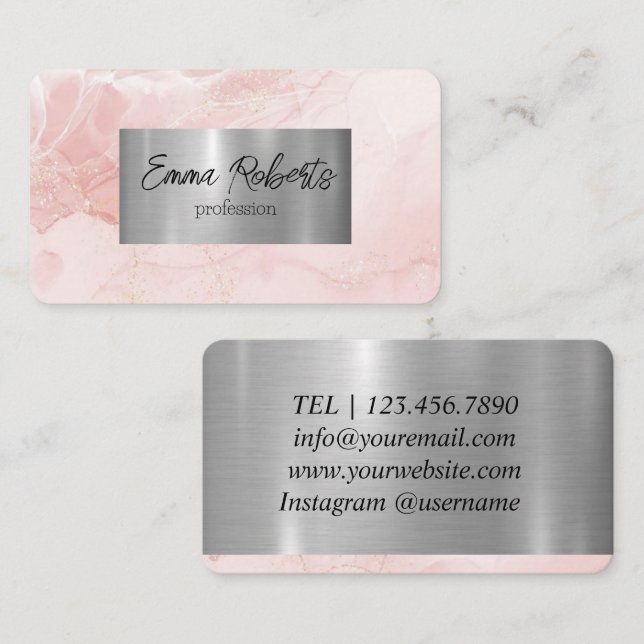 Pink Elegant Alcohol Ink Design Gold Glitter Business Card (Front/Back)