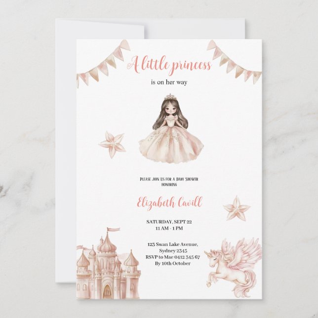 pink elegant and cute princess baby shower  invitation (Front)