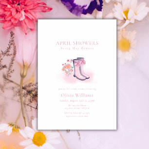 Pink Elegant April Bow Rain Boots Baby Shower Invitation