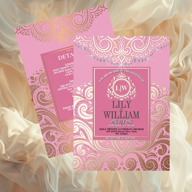 Pink Elegant Artdeco Diamond Monogram Wedding (Luxurious Elegant Classic Boho Wedding Invitation - Real Foil and Monogram)