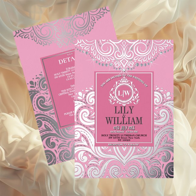 Pink Elegant Artdeco Diamond Monogram Wedding (Luxurious Elegant Classic Boho Wedding Invitation - Real Foil and Monogram)