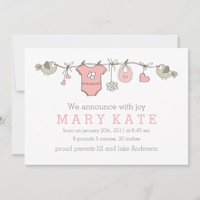 Pink elegant baby girl clothes announcement (Front)