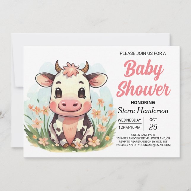 Pink Elegant Boho Cow Baby Shower Invitation (Front)