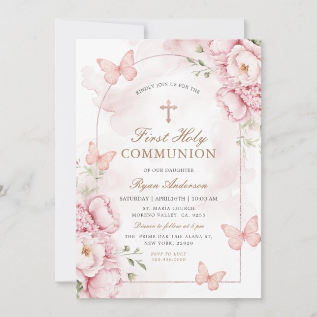 Pink Elegant Butterfly Holy Communion Invitation (Front)