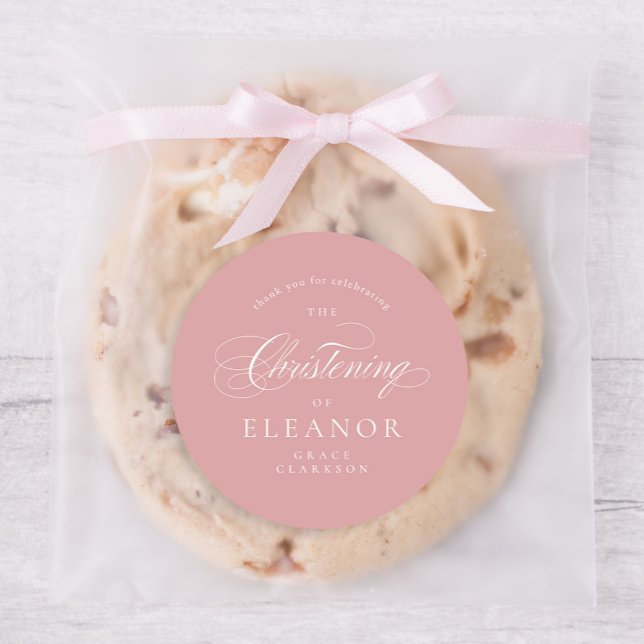 Pink Elegant Calligraphy Christening Thank You Classic Round Sticker (Creator Uploaded)