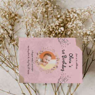 Pink Elegant Cute 1st Birthday Party Invitation