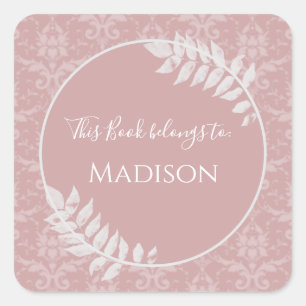 Pink Elegant Damask Book Sticker