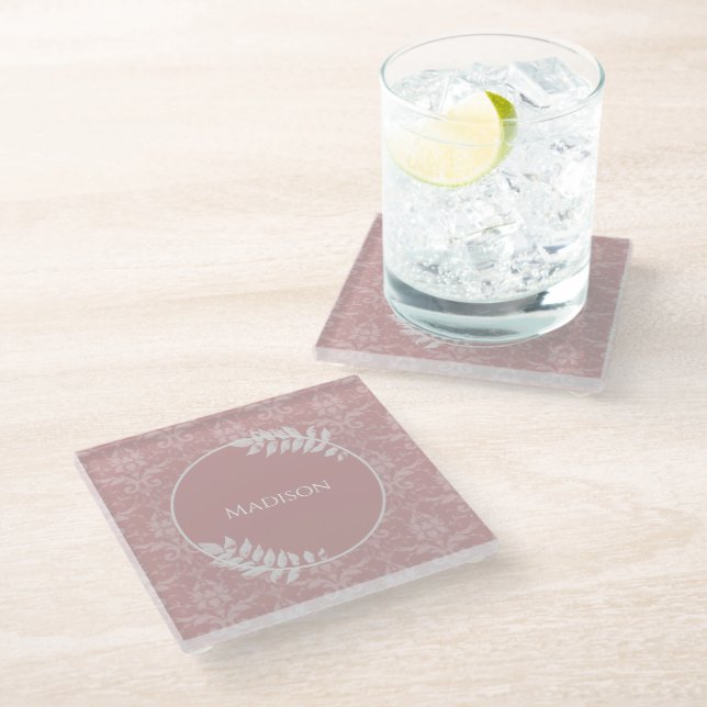 Pink Elegant Damask Personalised Glass Coaster (Angled)