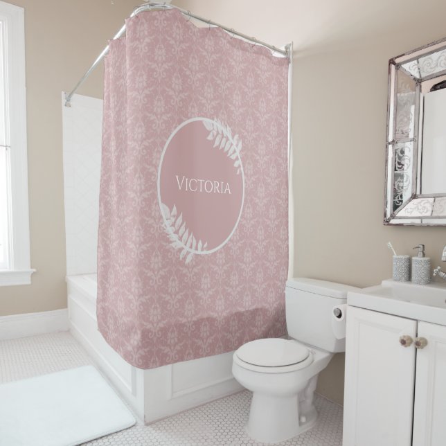 Pink Elegant Damask Personalised Shower Curtain (In Situ)
