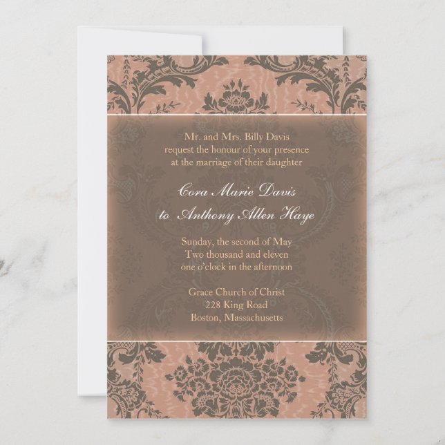 Pink Elegant Damask Wedding Invitation (Front)