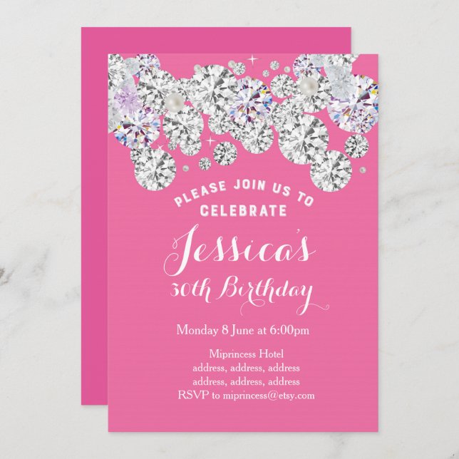 PINK elegant diamond, glitter birthday invitation (Front/Back)