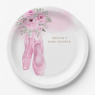 Pink Elegant Floral Ballerina Shoes Baby Shower Paper Plate
