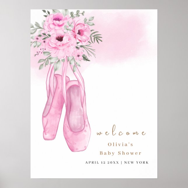 Pink Elegant Floral Ballerina Welcome Baby Shower  Poster (Front)