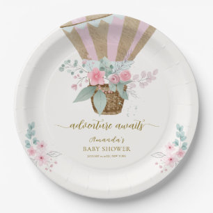 Pink Elegant Floral Hot Air Balloon Baby Shower Paper Plate