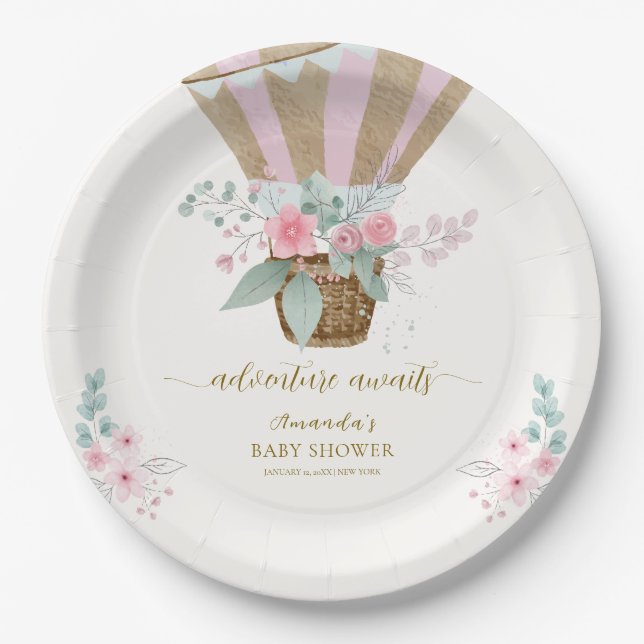 Pink Elegant Floral Hot Air Balloon Baby Shower  Paper Plate (Front)