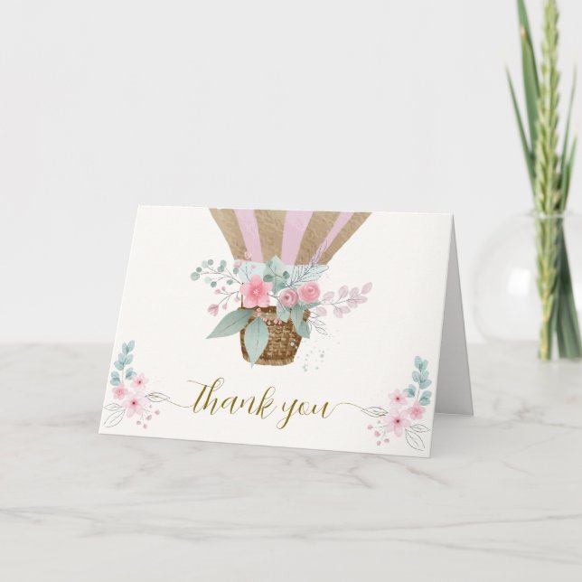 Pink Elegant Floral Hot Air Balloon Baby Shower  Thank You Card (Front)