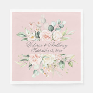 Pink Elegant Floral Script Name Wedding Napkins