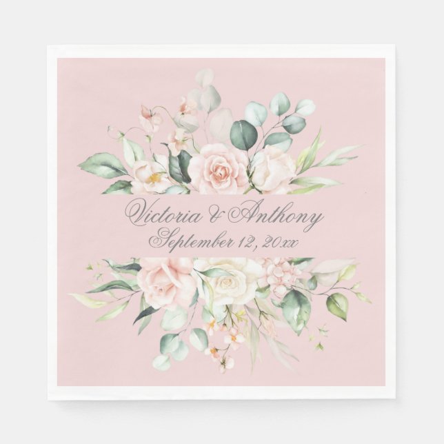 Pink Elegant Floral Script Name Wedding Napkins (Front)