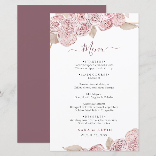 Pink Elegant Floral Vanilla Wedding Menu (Front/Back)