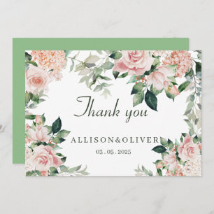 Pink Elegant Floral Watercolor Thank You Card