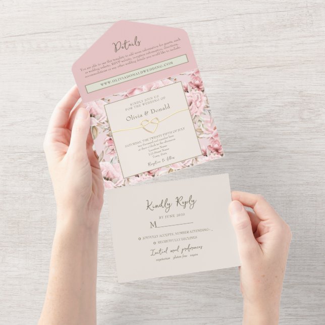 Pink Elegant Floral Wedding All In One Invitation (Tearaway)