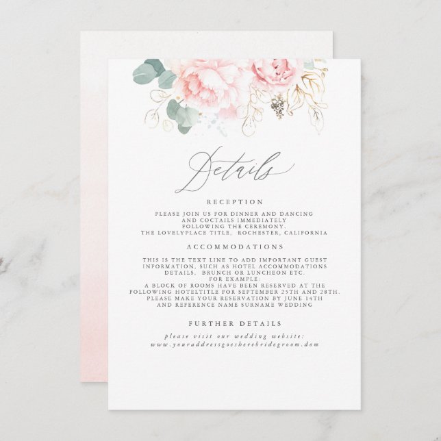 Pink Elegant Floral Wedding Information Enclosure Card (Front/Back)
