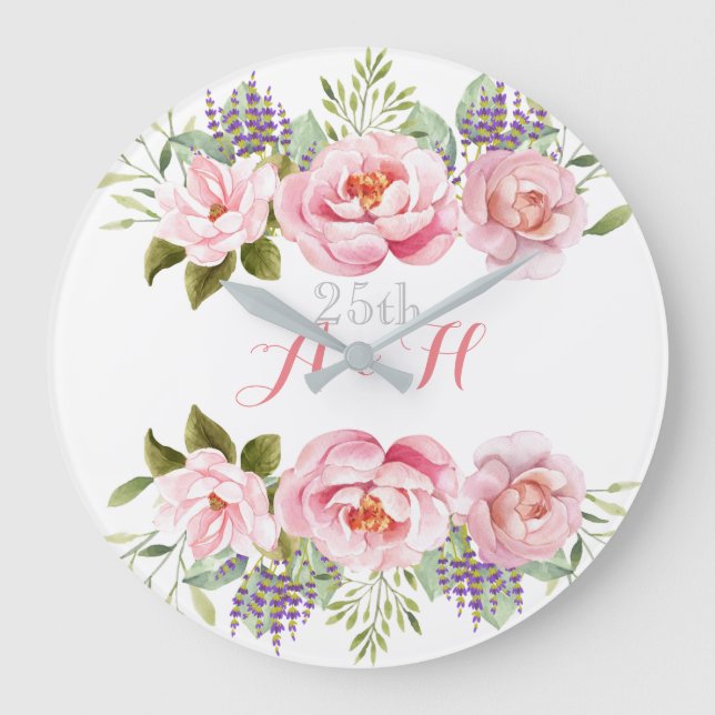 Pink Elegant Floral Wreath Monogram Wedding 25th Large Clock (Front)