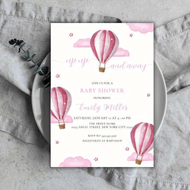 Pink Elegant Hot Air Balloon Girl Baby Shower Invitation (Pink Elegant Hot Air Balloon Girl Baby Shower Invitation)