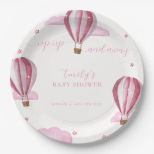 Pink Elegant Hot Air Balloon Girl Baby Shower Paper Plate