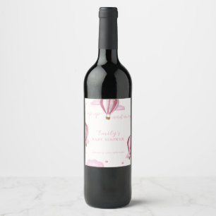 Pink Elegant Hot Air Balloon Girl Baby Shower Wine Label