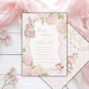 Pink Elegant Hydrangea Vintage Bunny Baby Invitation