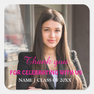 Pink Elegant Minimal Thank You Photo Graduation Square Sticker
