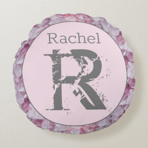 Pink Elegant Modern Name Monogram Template Round Cushion