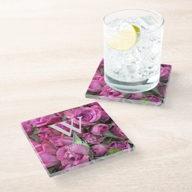 Pink Elegant Monogram Roses Glass Coaster (Angled)
