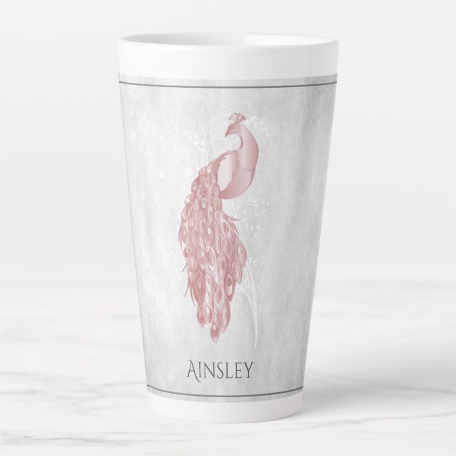 Pink Elegant Peacock Personalised Latte Mug (Front)