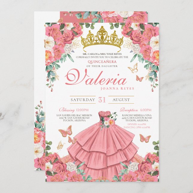 Pink Elegant Princess Butterfly Rose Quinceanera  Invitation (Front/Back)