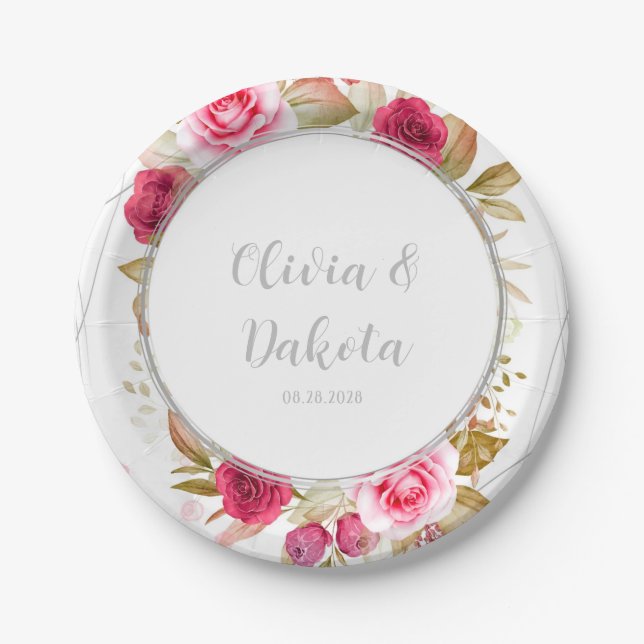 Pink Elegant Roses Geometric Custom Wedding Paper Plate (Front)