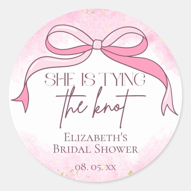 Pink Elegant She is Tying the Knot Bridal Shower Classic Round Sticker (Front)