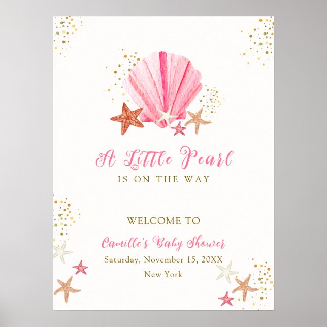 Pink Elegant Starfish Seashell Baby Shower Welcome Poster (Front)