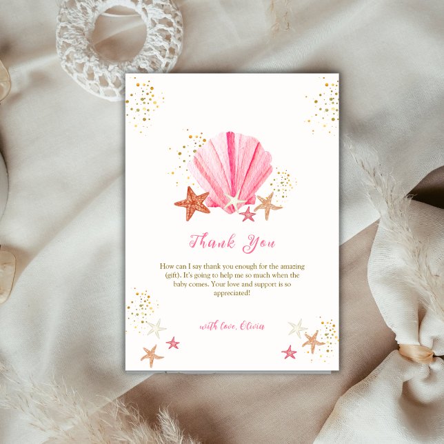 Pink Elegant Summer Starfish Seashell Baby Shower Thank You Card (Pink Elegant Summer Starfish Seashell Baby Shower Thank You Card)