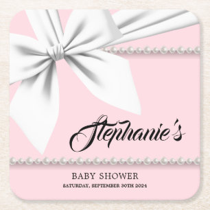 Pink Elegant Tiffany Pearls Bougie Baby Shower Square Paper Coaster