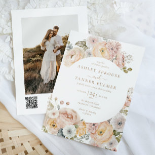 Pink Elegant Vintage Floral QR Code Photo Wedding Invitation