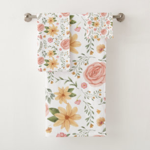 Pink Elegant Vintage Wildflower Rose Pattern Bath Towel Set