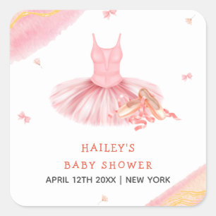 Pink Elegant Watercolor Ballerina Girl Baby Shower Square Sticker